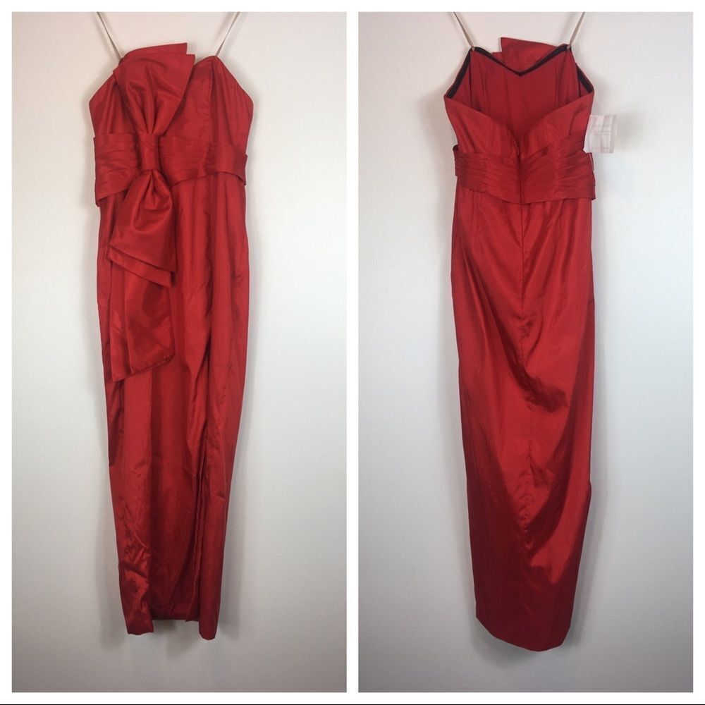 Fame and Partners Strapless Column Gown with Big Bow and High Slit